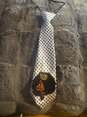 Black & White Polka Dot Necktie with Embroidered Afro Crown - Men Accessories